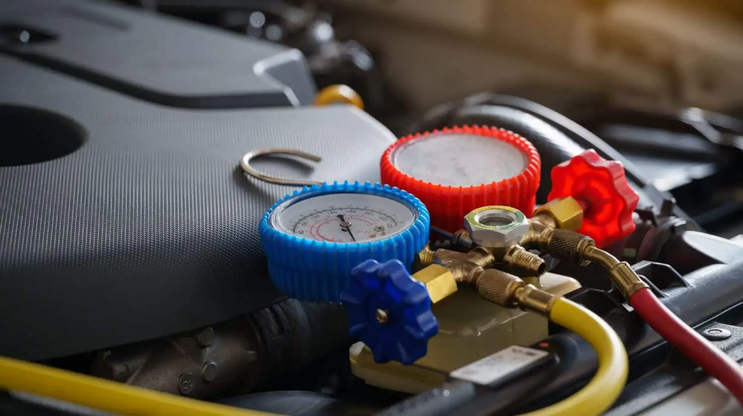 Red and blue pressure gauges connected to a car cooling system.