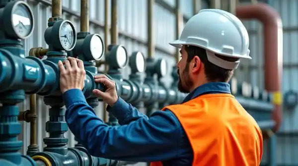 Engineer checking industrial pressure gauges in a facility