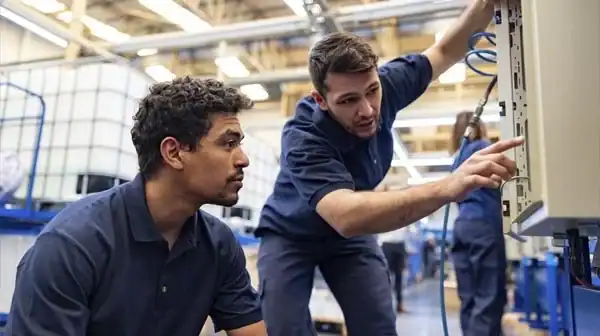 Technicians inspecting industrial equipment in a factory setting